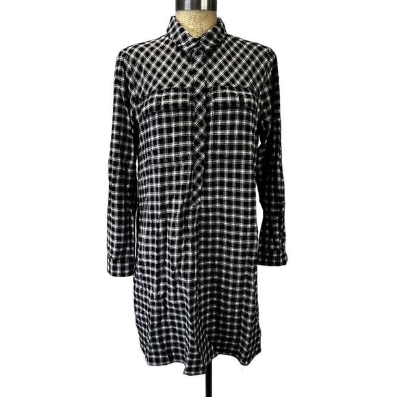 Madewell Latitude Check Plaid Long Sleeve Black White Shirtdress SZ S - Picture 1 of 9